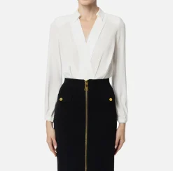 Elisabetta Franchi Shirts And Blouses|Top And T-Shirts|Bodysuit-style blouse in georgette fabric with crossover neckline Ivory
