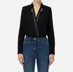 Elisabetta Franchi Shirts And Blouses|Top And T-Shirts|Bodysuit-style blouse in georgette and satin fabrics with zip Black