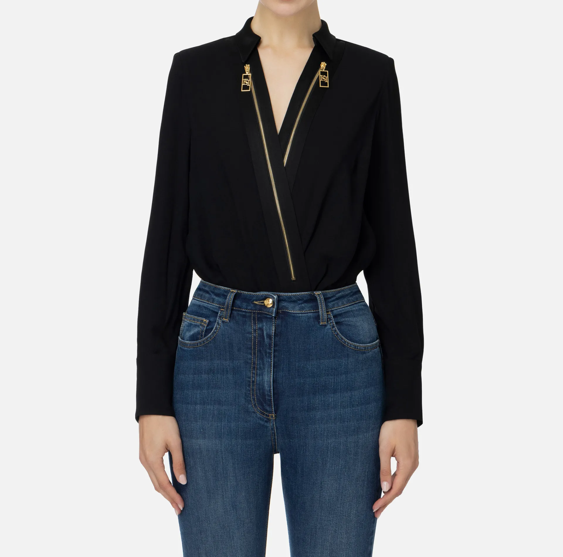 Elisabetta Franchi Shirts And Blouses|Top And T-Shirts|Bodysuit-style blouse in georgette and satin fabrics with zip Black