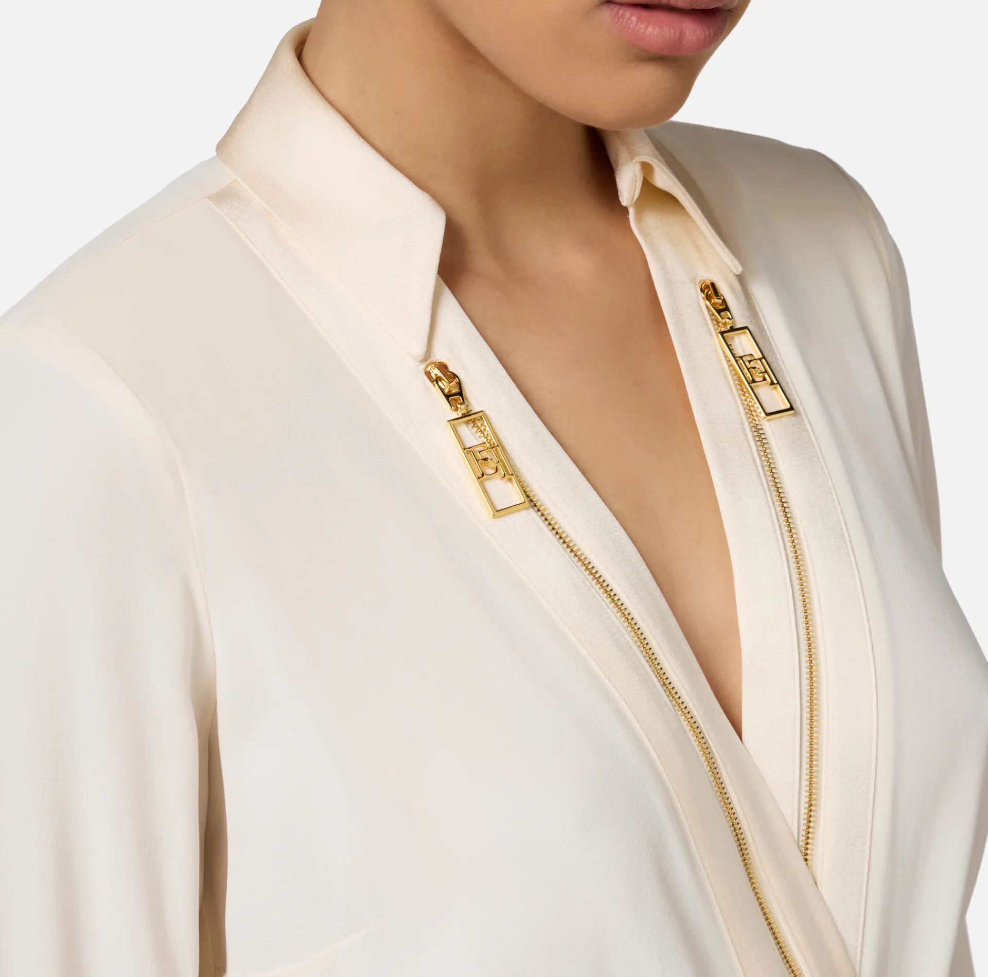 Elisabetta Franchi Shirts And Blouses|Top And T-Shirts|Bodysuit-style blouse in georgette and satin fabrics with zip Butter