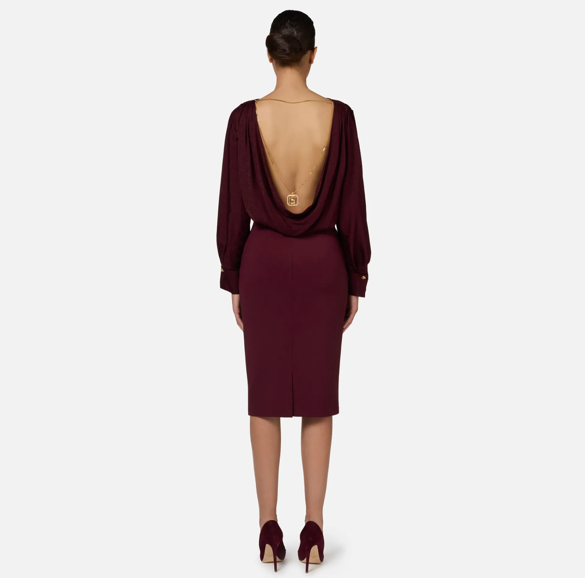 Elisabetta Franchi Shirts And Blouses|Top And T-Shirts|Bodysuit-style blouse in jacquard satin fabric with necklace RougeNoir