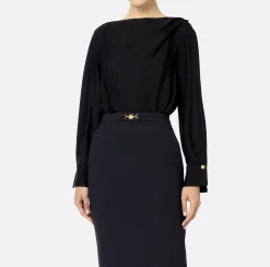 Elisabetta Franchi Shirts And Blouses|Top And T-Shirts|Bodysuit-style blouse in jacquard satin fabric with necklace Black