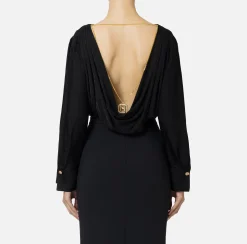Elisabetta Franchi Shirts And Blouses|Top And T-Shirts|Bodysuit-style blouse in jacquard satin fabric with necklace Black