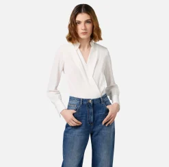 Elisabetta Franchi Shirts And Blouses|Top And T-Shirts|Bodysuit-style blouse in jacquard georgette fabric with lettering Ivory