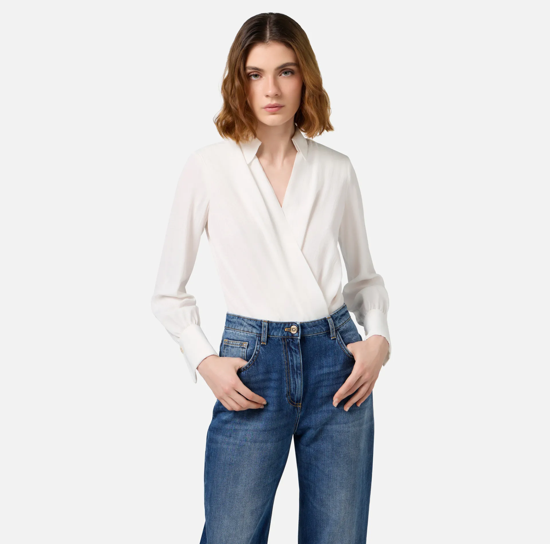 Elisabetta Franchi Shirts And Blouses|Top And T-Shirts|Bodysuit-style blouse in jacquard georgette fabric with lettering Ivory