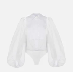 Elisabetta Franchi Top And T-Shirts|Shirts And Blouses|Bodysuit-style blouse in organza fabric with bib Ivory