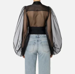 Elisabetta Franchi Top And T-Shirts|Shirts And Blouses|Bodysuit-style blouse in organza fabric with bib Black