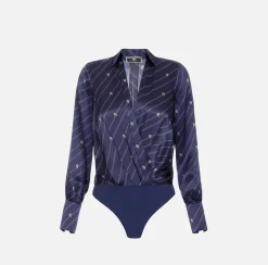 Elisabetta Franchi Shirts And Blouses|Top And T-Shirts|Bodysuit-style printed silk blouse Navy/Cream