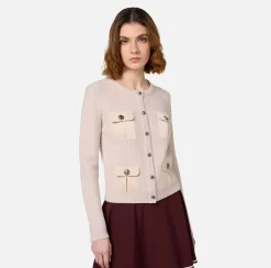 Elisabetta Franchi Knitwear And Sweatshirts|Bouclé wool cardigan with pockets in technical voile fabric Latex