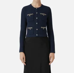 Elisabetta Franchi Knitwear And Sweatshirts|Bouclé wool cardigan with embroidery Navy