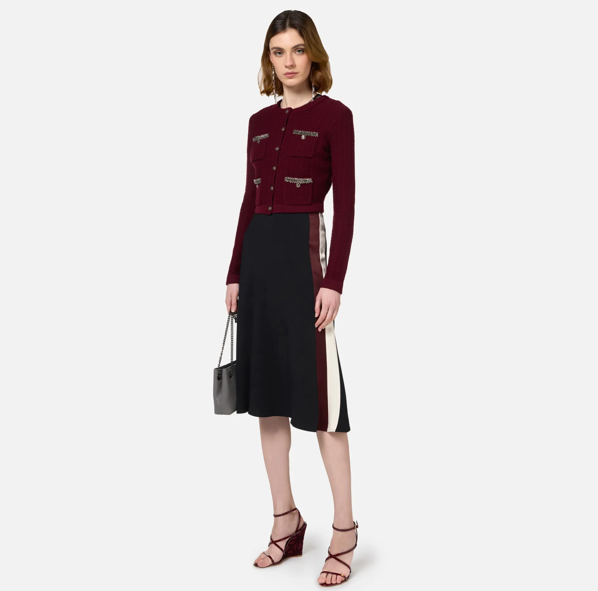 Elisabetta Franchi Knitwear And Sweatshirts|Bouclé wool cardigan with embroidery RougeNoir