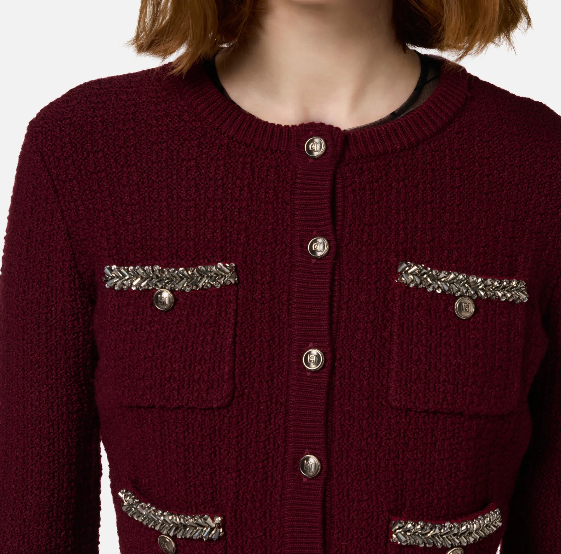 Elisabetta Franchi Knitwear And Sweatshirts|Bouclé wool cardigan with embroidery RougeNoir