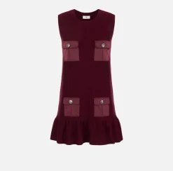 Elisabetta Franchi Mini Dresses|Knitted Dresses|Bouclé wool mini-dress with pockets in technical voile fabric RougeNoir