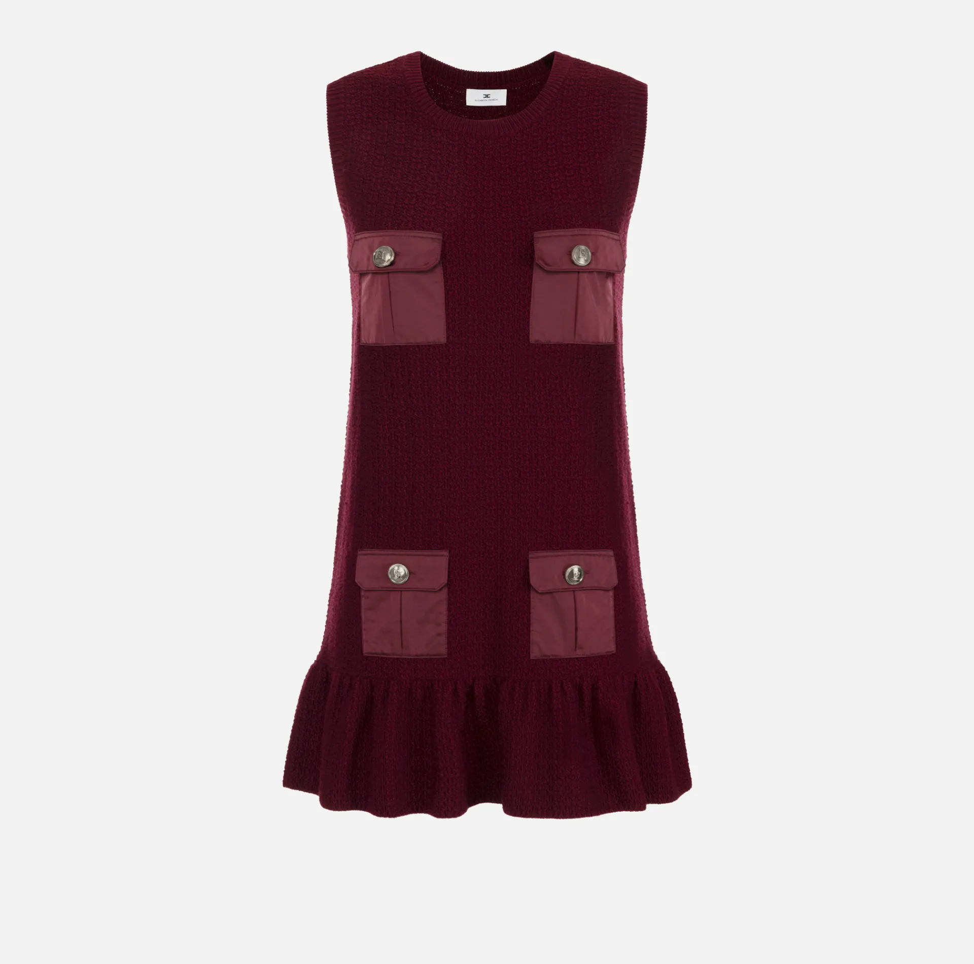 Elisabetta Franchi Mini Dresses|Knitted Dresses|Bouclé wool mini-dress with pockets in technical voile fabric RougeNoir