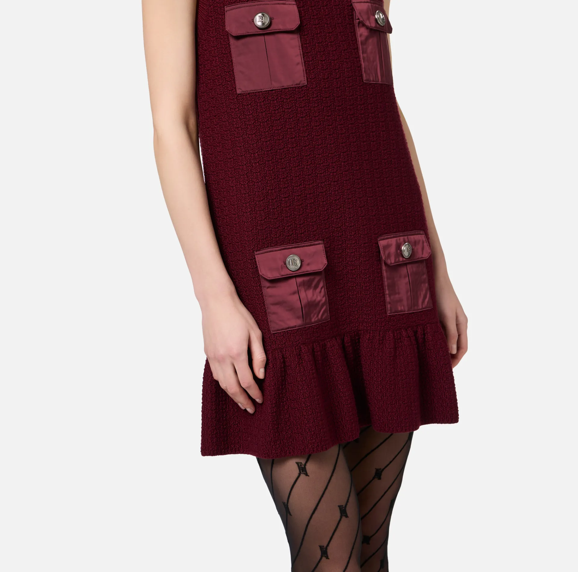 Elisabetta Franchi Mini Dresses|Knitted Dresses|Bouclé wool mini-dress with pockets in technical voile fabric RougeNoir