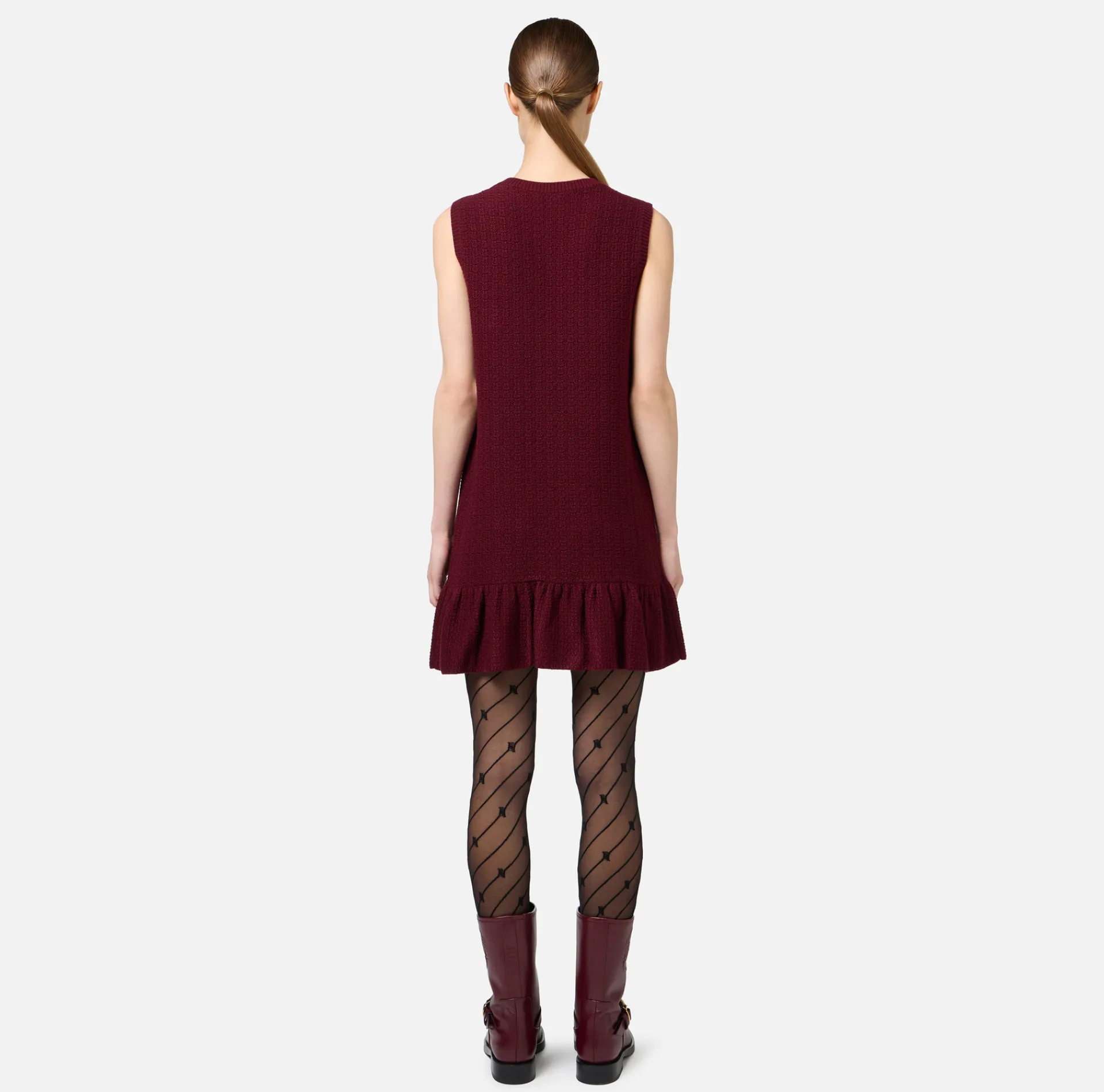 Elisabetta Franchi Mini Dresses|Knitted Dresses|Bouclé wool mini-dress with pockets in technical voile fabric RougeNoir