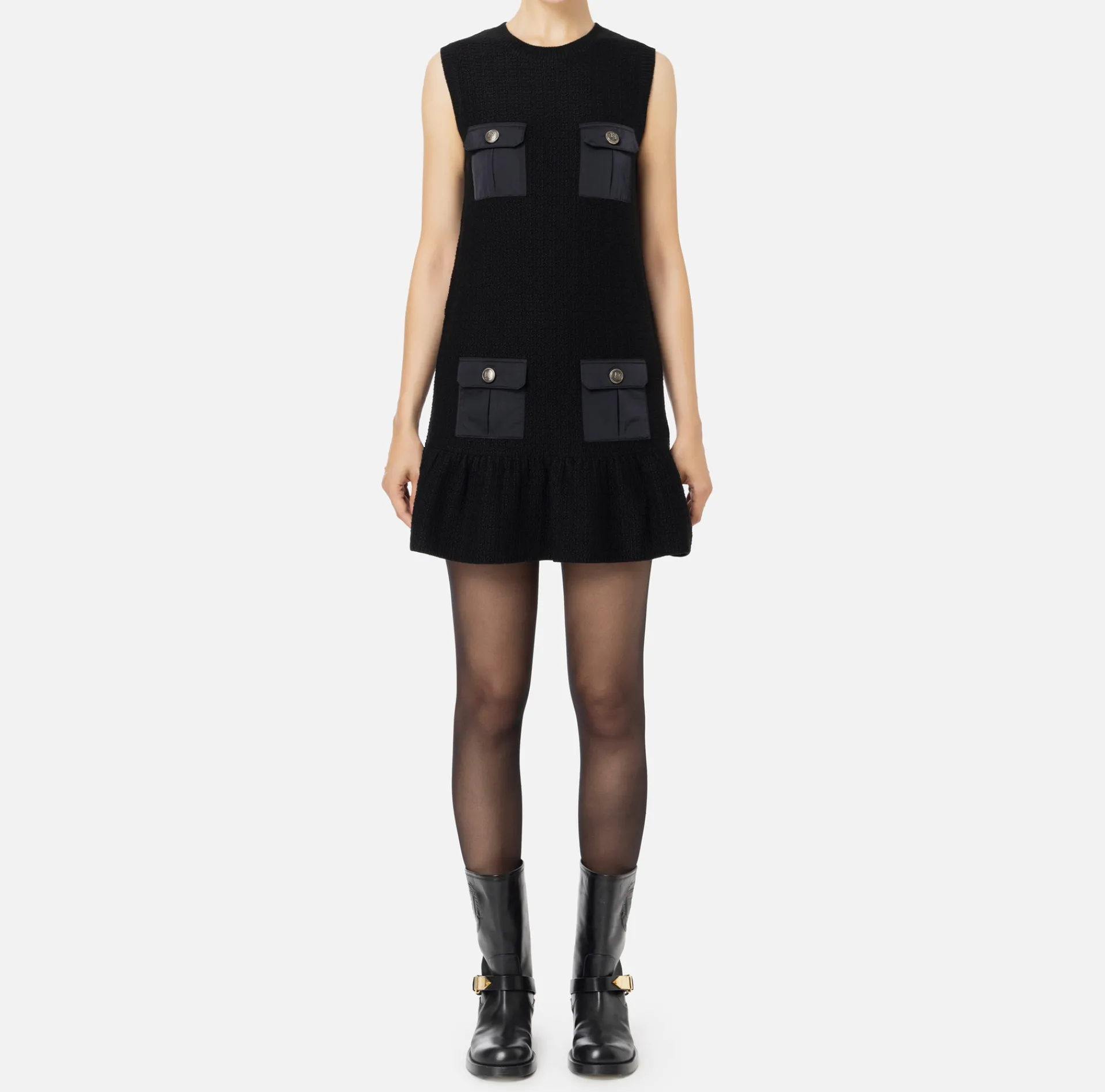Elisabetta Franchi Mini Dresses|Knitted Dresses|Bouclé wool mini-dress with pockets in technical voile fabric Black