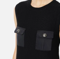 Elisabetta Franchi Mini Dresses|Knitted Dresses|Bouclé wool mini-dress with pockets in technical voile fabric Black