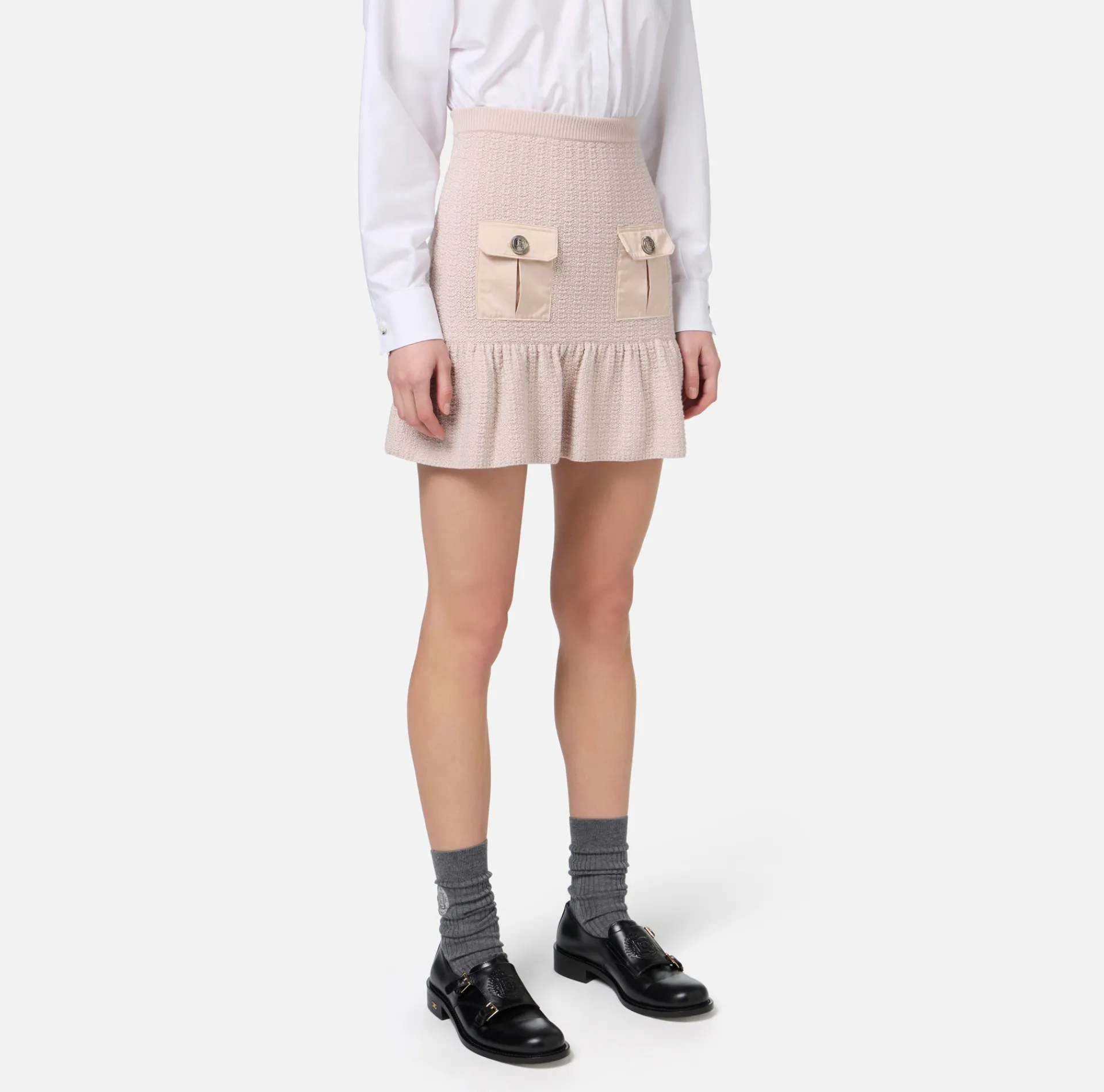 Elisabetta Franchi Skirts|Bouclé wool miniskirt with pockets in technical voile fabric Latex