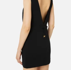 Elisabetta Franchi Mini Dresses|Dresses|Boxy mini-dress in flowing crêpe fabric with neckline and bow Black
