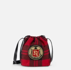 Elisabetta Franchi Strap Bags|Bucket bag in tartan wool RedPassion/Black