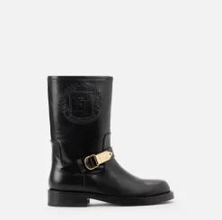 Elisabetta Franchi Boots|Calfskin leather biker-style boot with logo Black