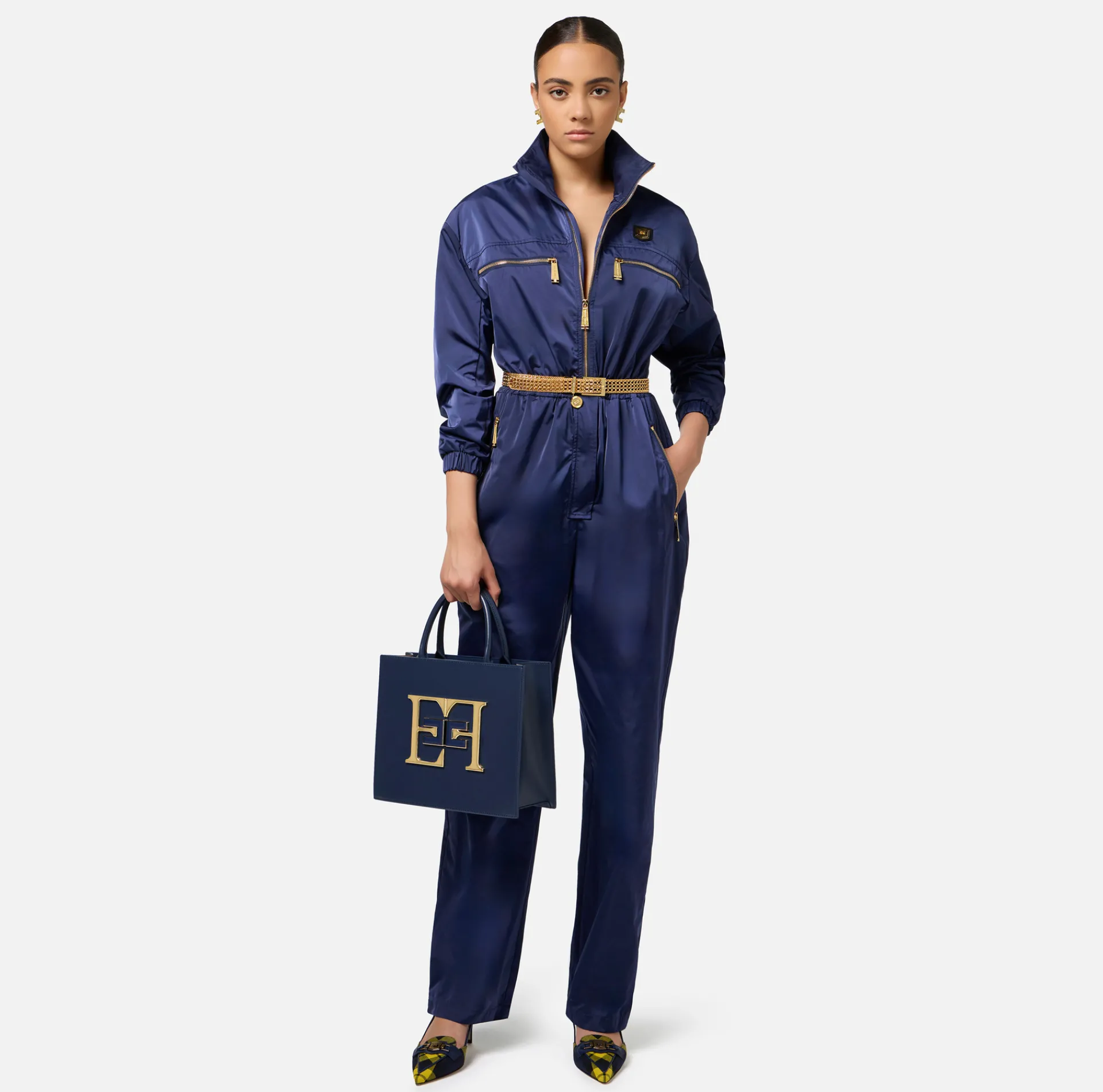 Elisabetta Franchi Jumpsuits|Cargo jumpsuit in technical nylon with zip Navy
