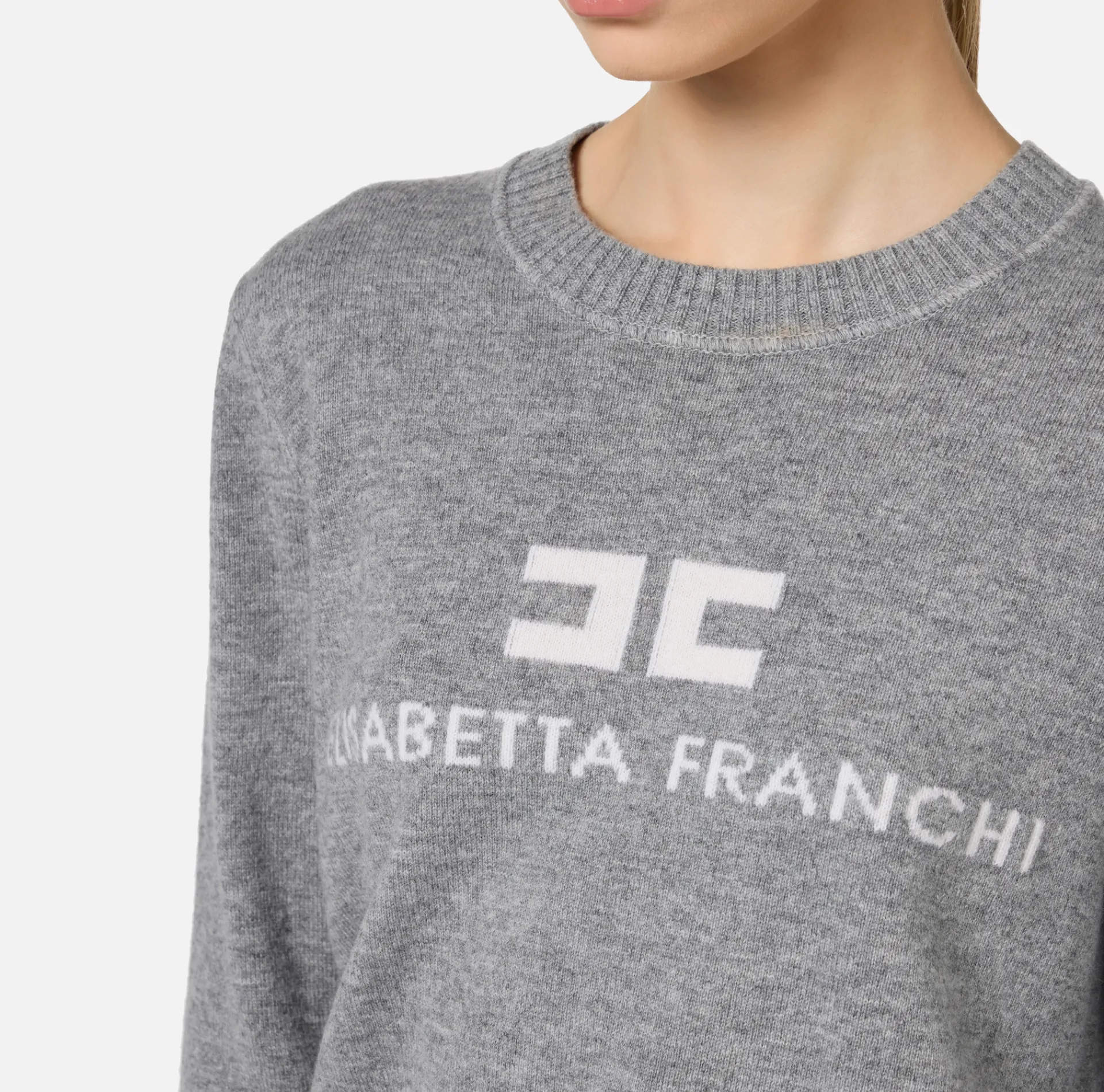 Elisabetta Franchi Knitwear And Sweatshirts|Cashmere blend pullover with logo |HeatherGrey/Ivory