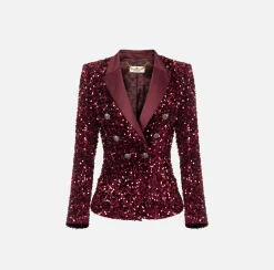 Elisabetta Franchi Tailleur|Jackets And Trench Coats|Chenille double-breasted jacket embroidered with sequins RougeNoir