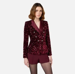 Elisabetta Franchi Tailleur|Jackets And Trench Coats|Chenille double-breasted jacket embroidered with sequins RougeNoir