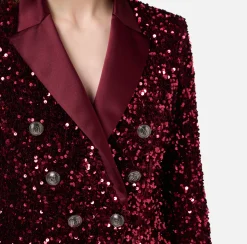 Elisabetta Franchi Tailleur|Jackets And Trench Coats|Chenille double-breasted jacket embroidered with sequins RougeNoir