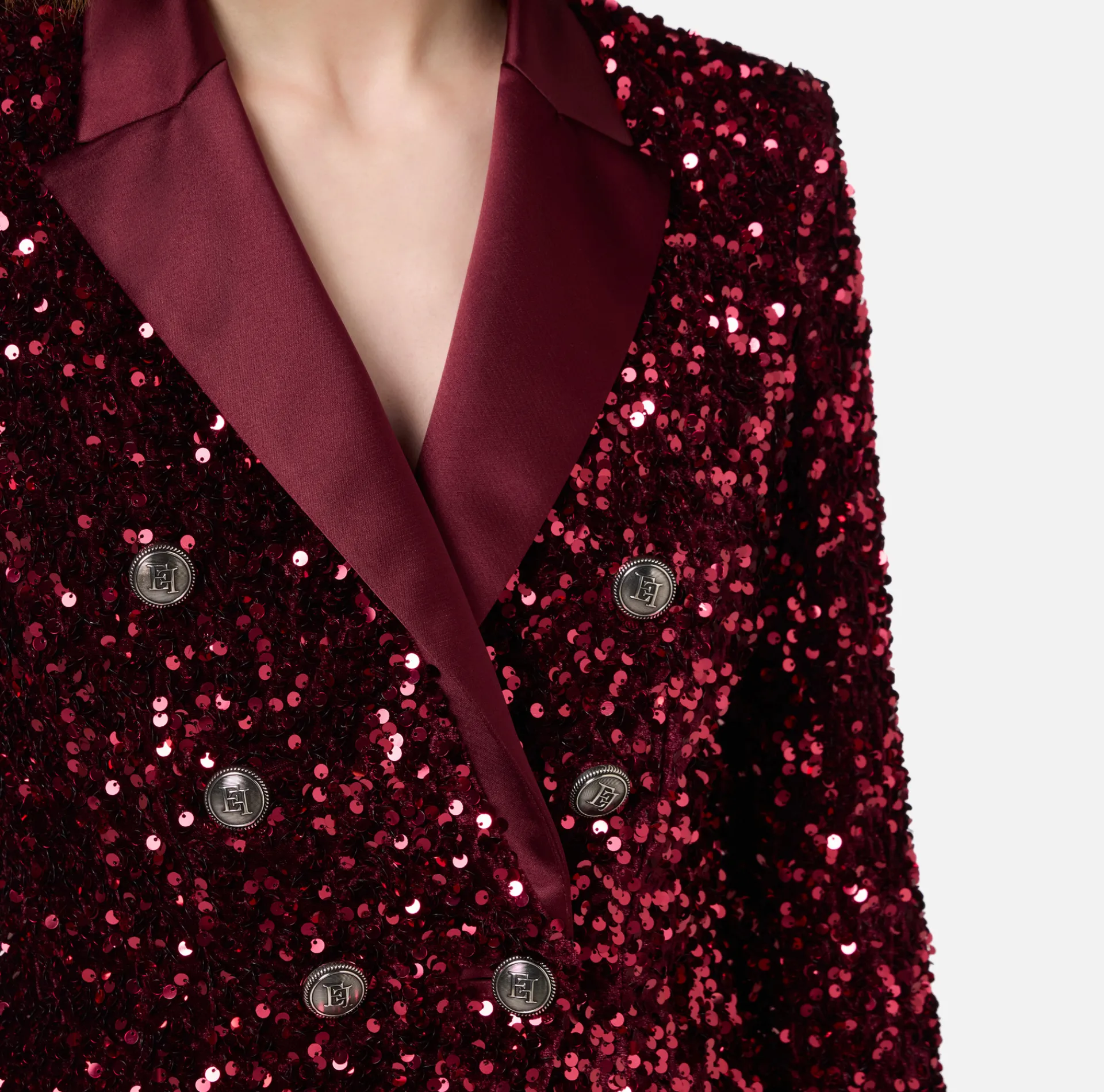 Elisabetta Franchi Tailleur|Jackets And Trench Coats|Chenille double-breasted jacket embroidered with sequins RougeNoir