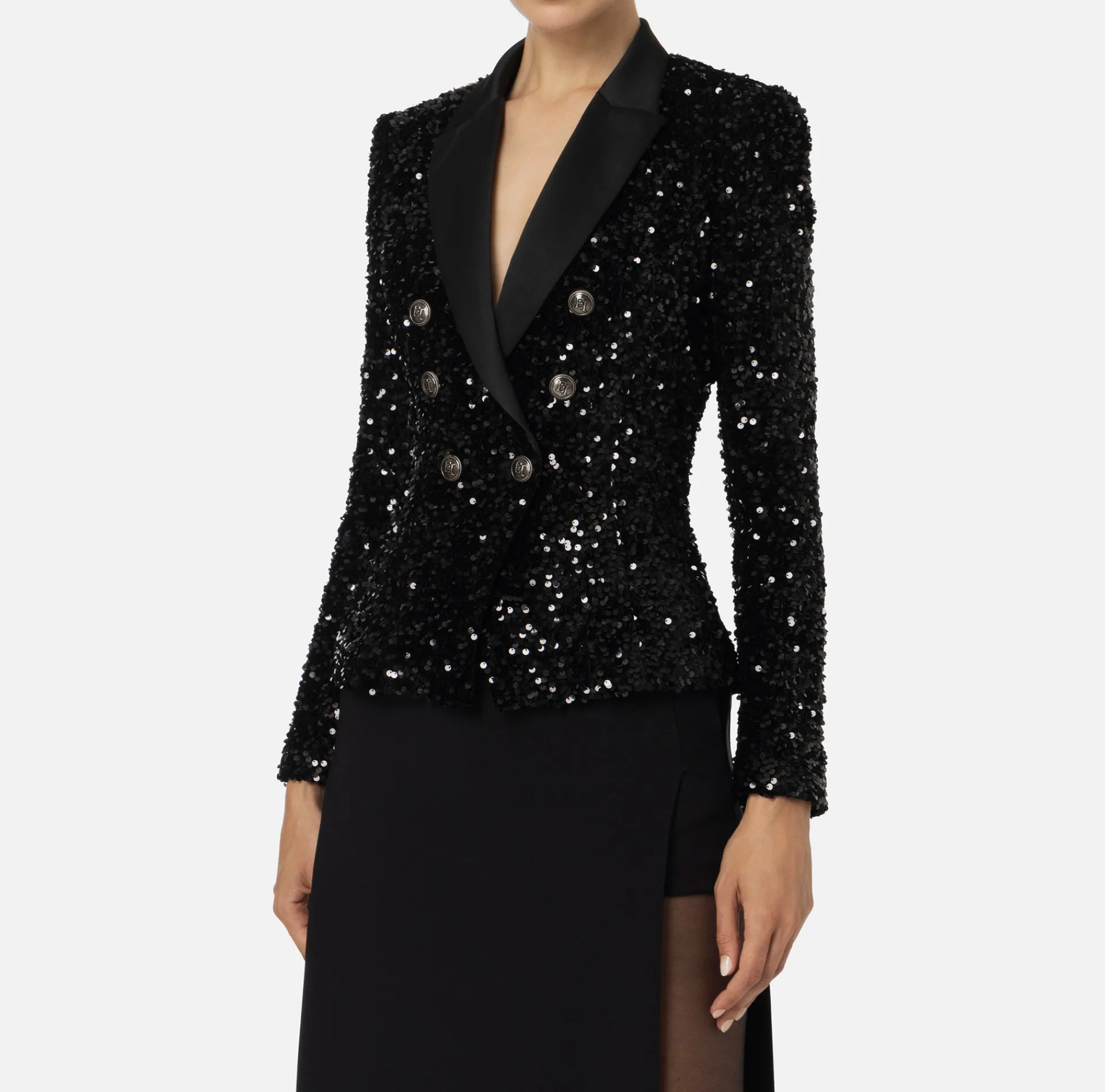 Elisabetta Franchi Tailleur|Jackets And Trench Coats|Chenille double-breasted jacket embroidered with sequins Black