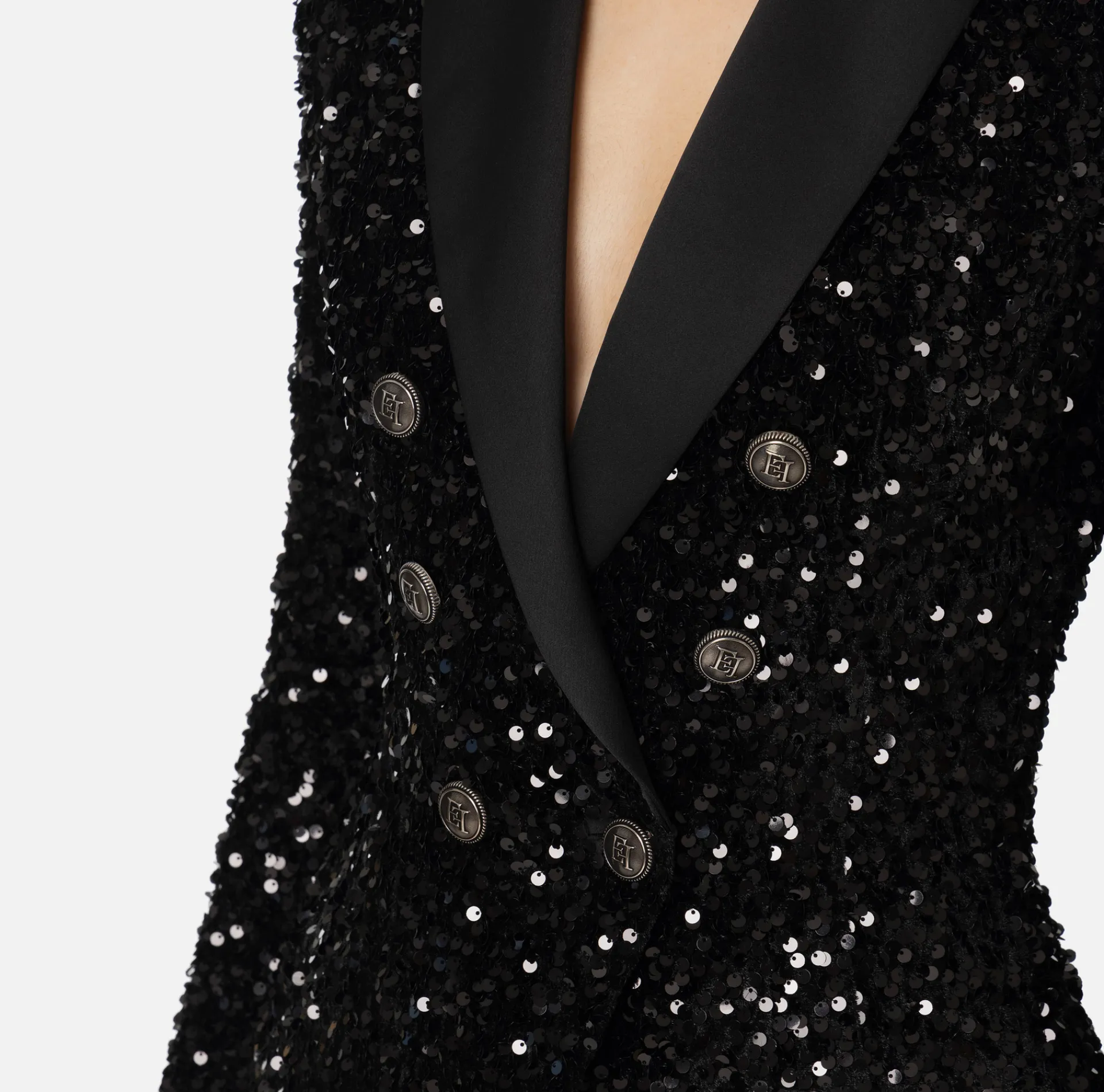 Elisabetta Franchi Tailleur|Jackets And Trench Coats|Chenille double-breasted jacket embroidered with sequins Black