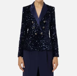 Elisabetta Franchi Tailleur|Jackets And Trench Coats|Chenille double-breasted jacket embroidered with sequins Navy