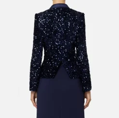 Elisabetta Franchi Tailleur|Jackets And Trench Coats|Chenille double-breasted jacket embroidered with sequins Navy