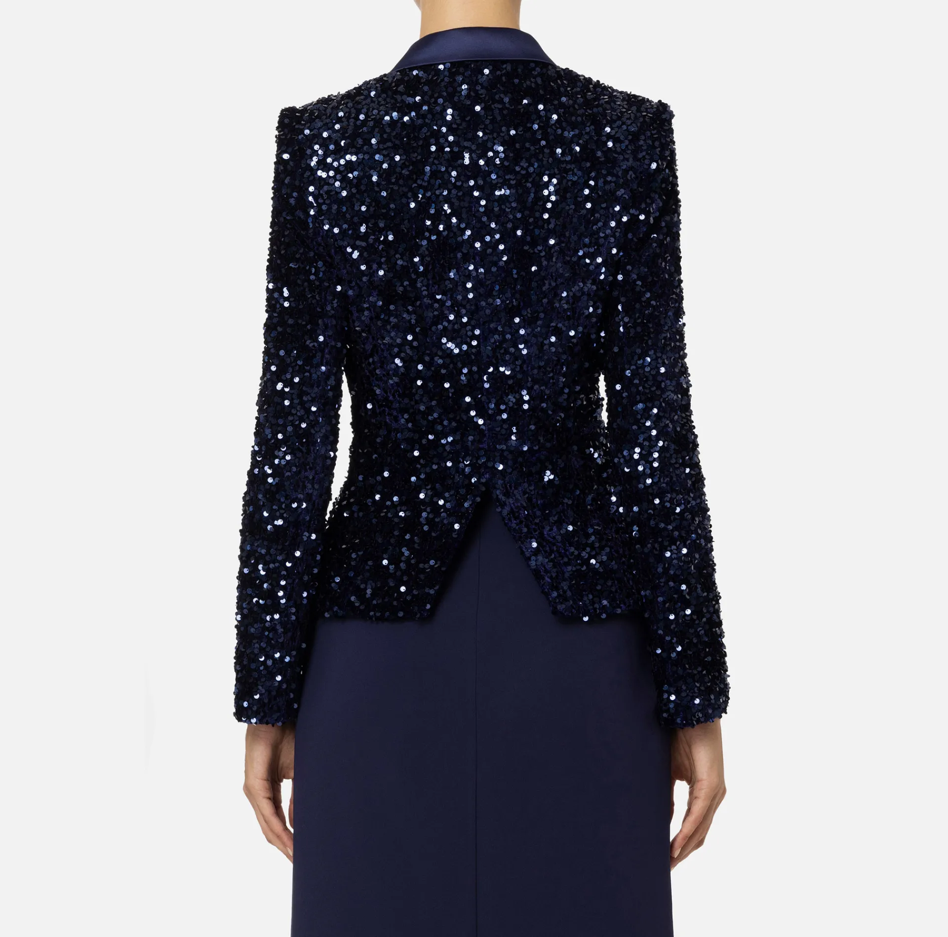 Elisabetta Franchi Tailleur|Jackets And Trench Coats|Chenille double-breasted jacket embroidered with sequins Navy