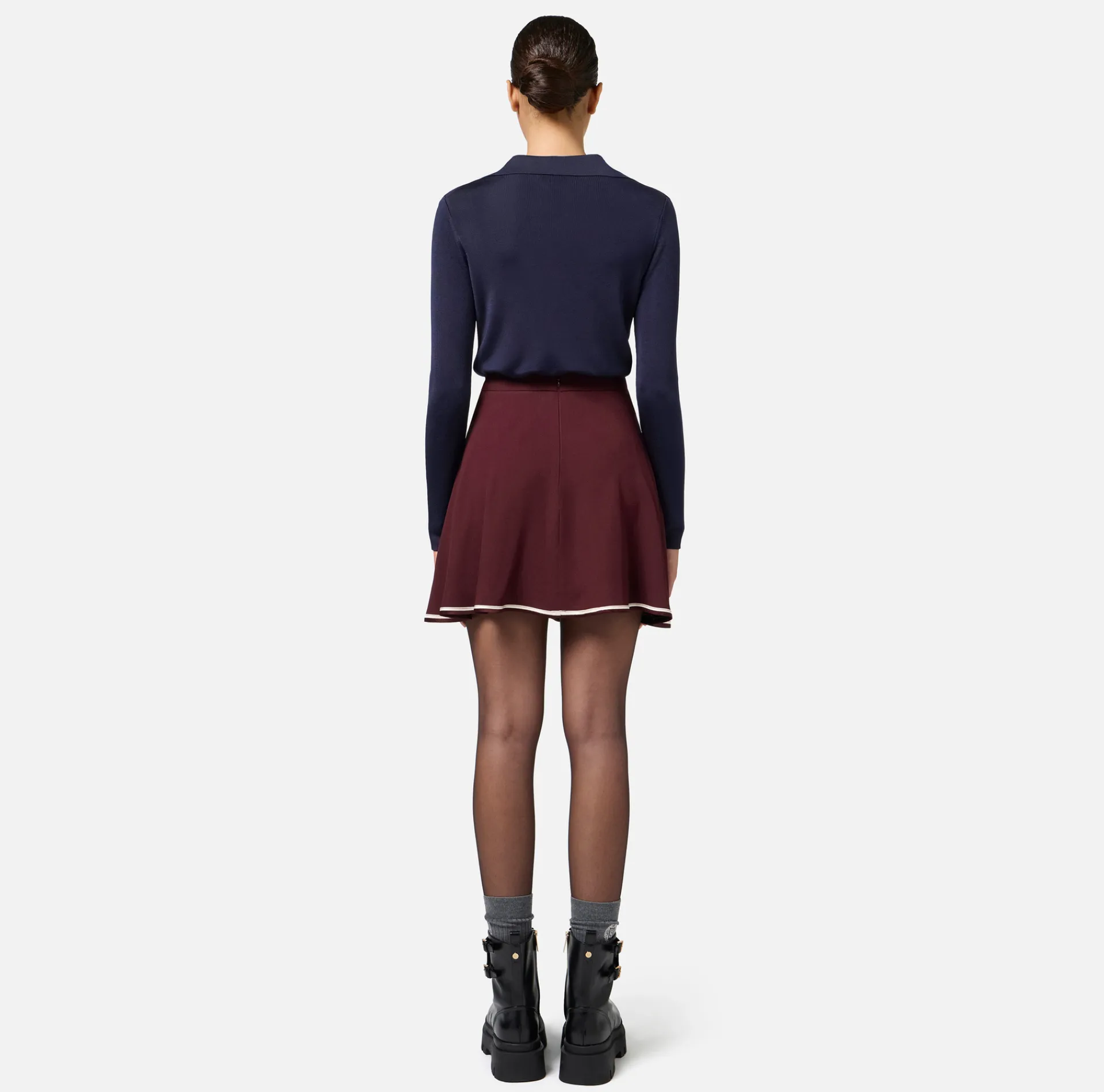Elisabetta Franchi Skirts|Circle miniskirt in crêpe fabric with horsebit RougeNoir/Butter