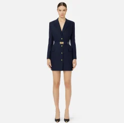 Elisabetta Franchi Mini Dresses|Coat Dresses|Coat dress in cool wool with belt Navy