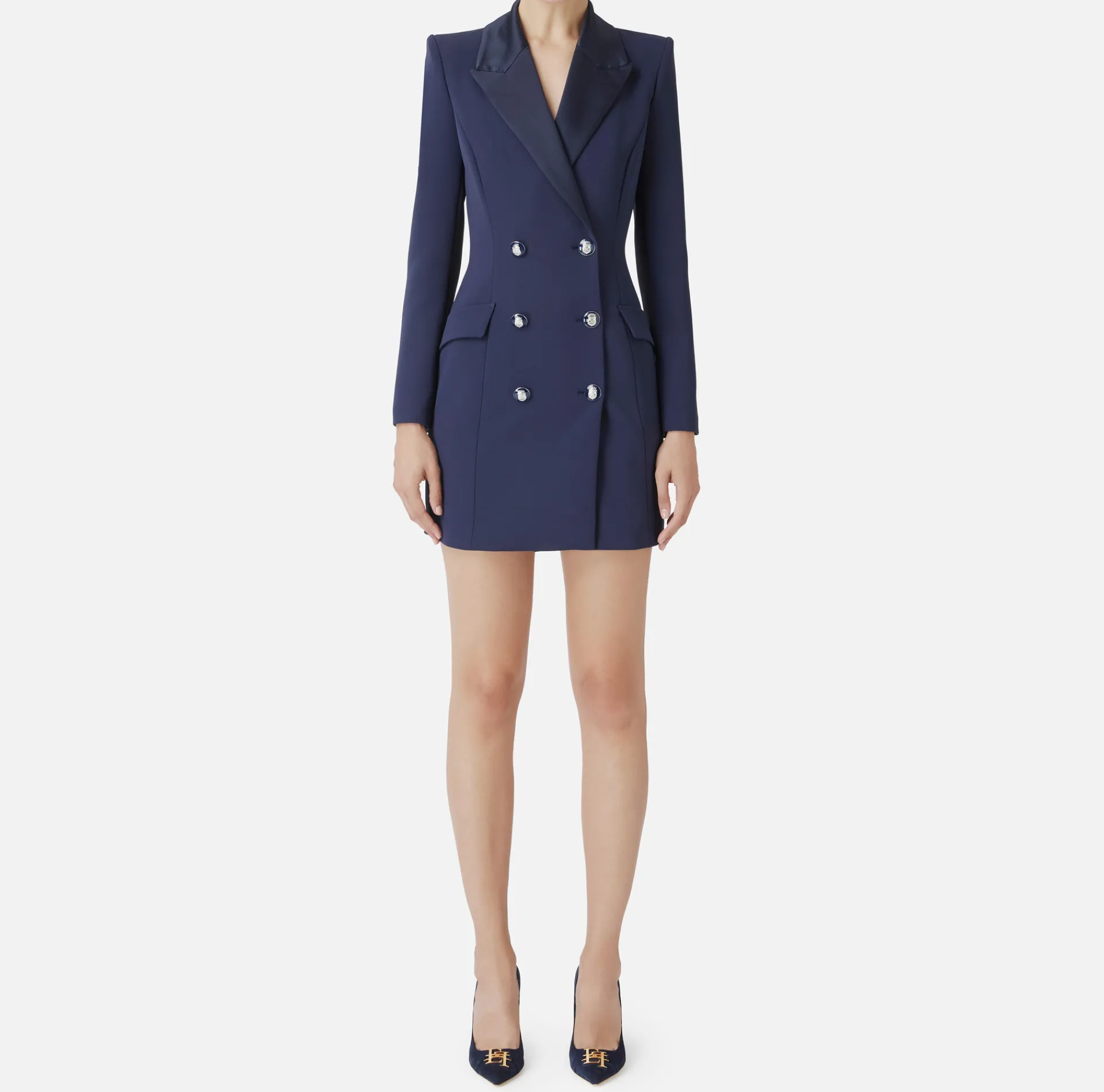 Elisabetta Franchi Mini Dresses|Coat Dresses|Coat dress in stretch crêpe fabric with satin lapels Navy