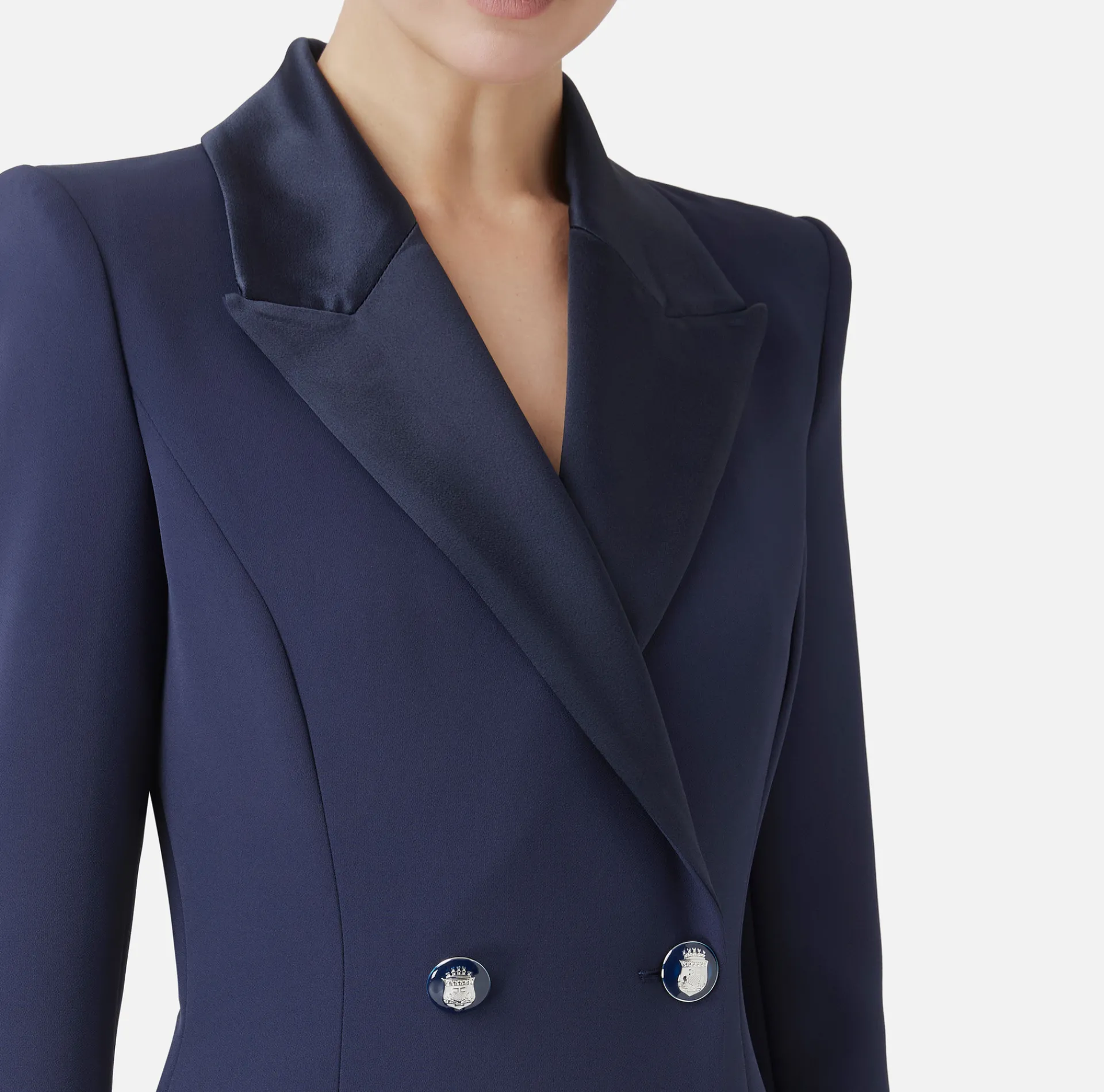 Elisabetta Franchi Mini Dresses|Coat Dresses|Coat dress in stretch crêpe fabric with satin lapels Navy