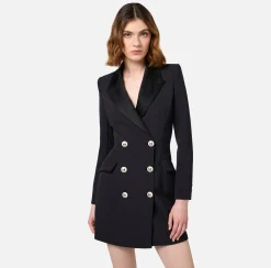 Elisabetta Franchi Mini Dresses|Coat Dresses|Coat dress in stretch crêpe fabric with satin lapels Black
