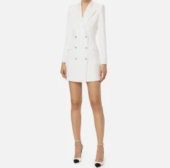 Elisabetta Franchi Mini Dresses|Coat Dresses|Coat dress in stretch crêpe fabric with satin lapels Ivory