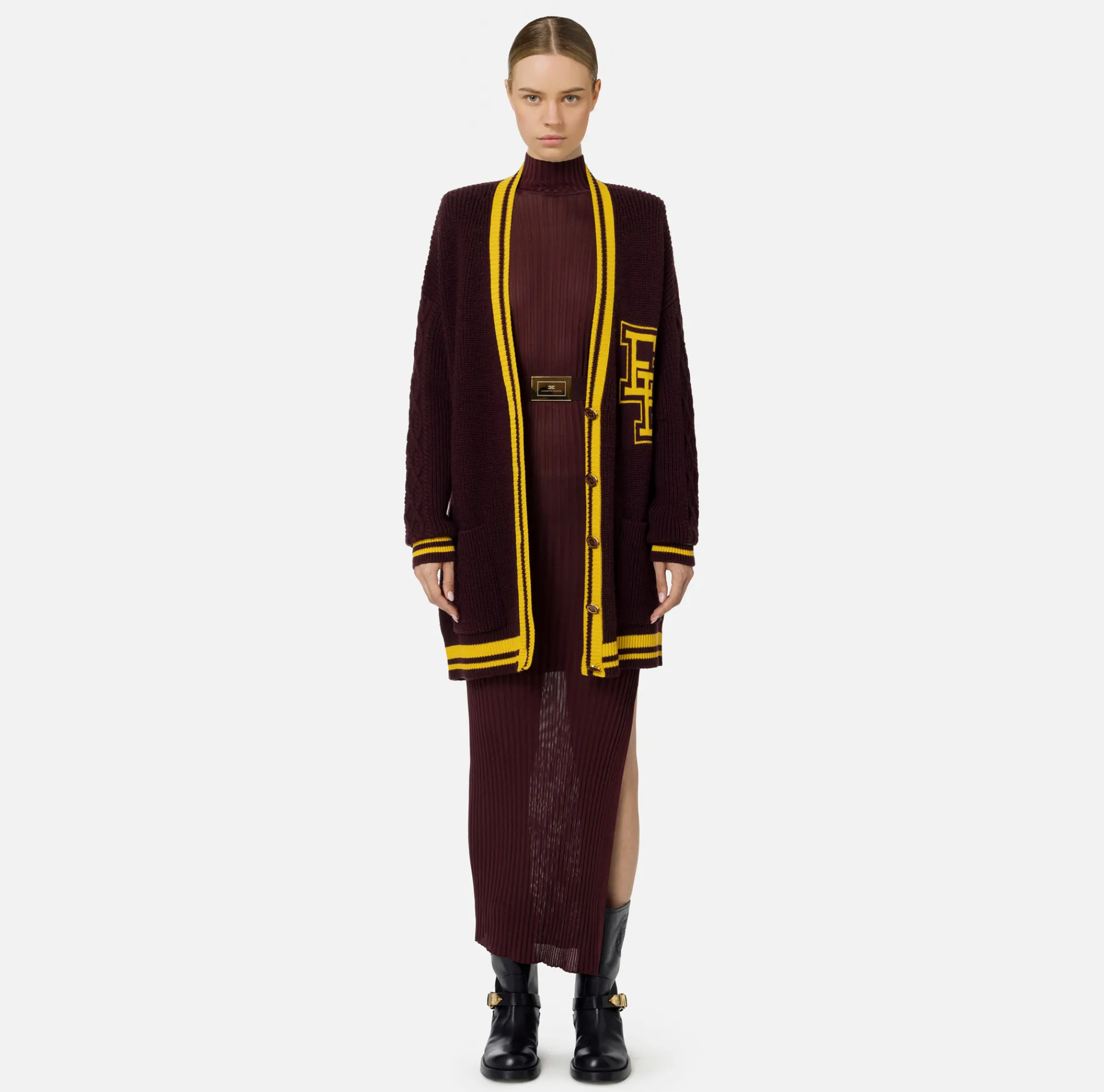 Elisabetta Franchi Knitwear And Sweatshirts|College-style wool cardigan RougeNoir/Mimosa
