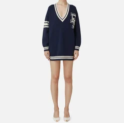 Elisabetta Franchi Mini Dresses|Knitted Dresses|College-style wool mini-dress Navy/Butter