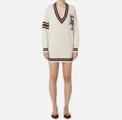 Elisabetta Franchi Mini Dresses|Knitted Dresses|College-style wool mini-dress Butter/RougeNoir