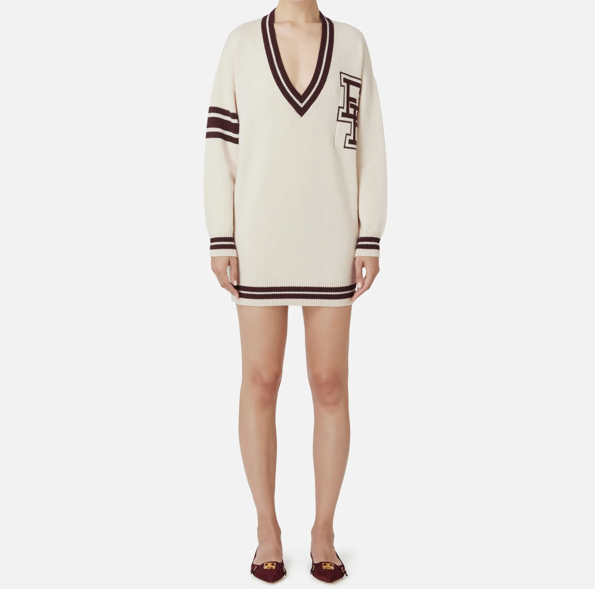 Elisabetta Franchi Mini Dresses|Knitted Dresses|College-style wool mini-dress Butter/RougeNoir