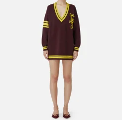 Elisabetta Franchi Mini Dresses|Knitted Dresses|College-style wool mini-dress RougeNoir/Mimosa