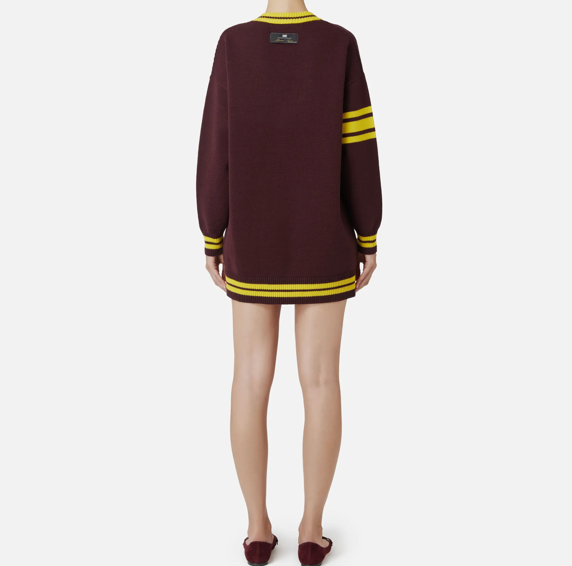 Elisabetta Franchi Mini Dresses|Knitted Dresses|College-style wool mini-dress RougeNoir/Mimosa