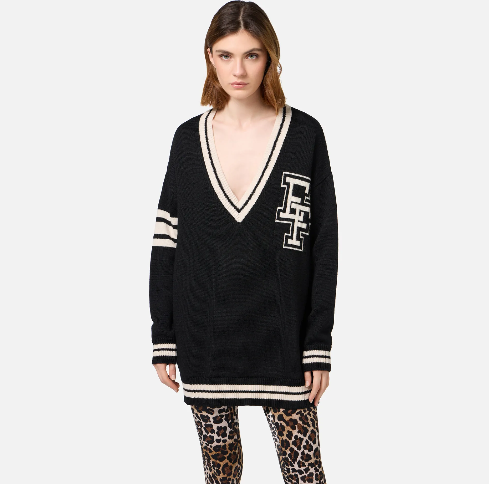 Elisabetta Franchi Mini Dresses|Knitted Dresses|College-style wool mini-dress Black/Butter